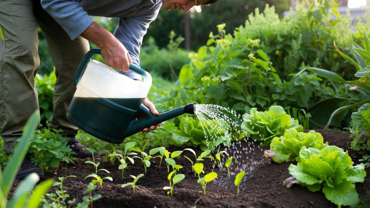 Applying beneficial nematodes to soil for organic biological slug control in vegetable garden
