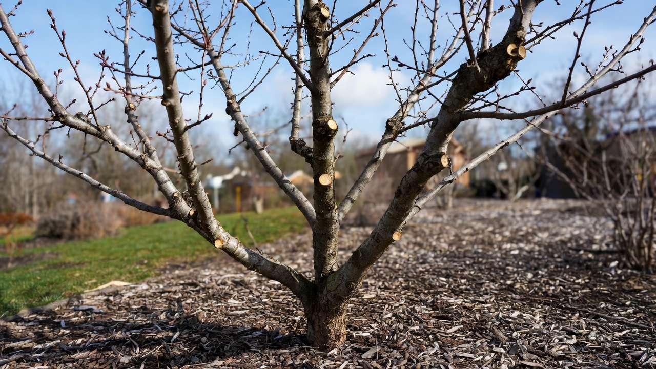 Properly pruned fruit tree with clean cuts and mulch for faster wound recovery