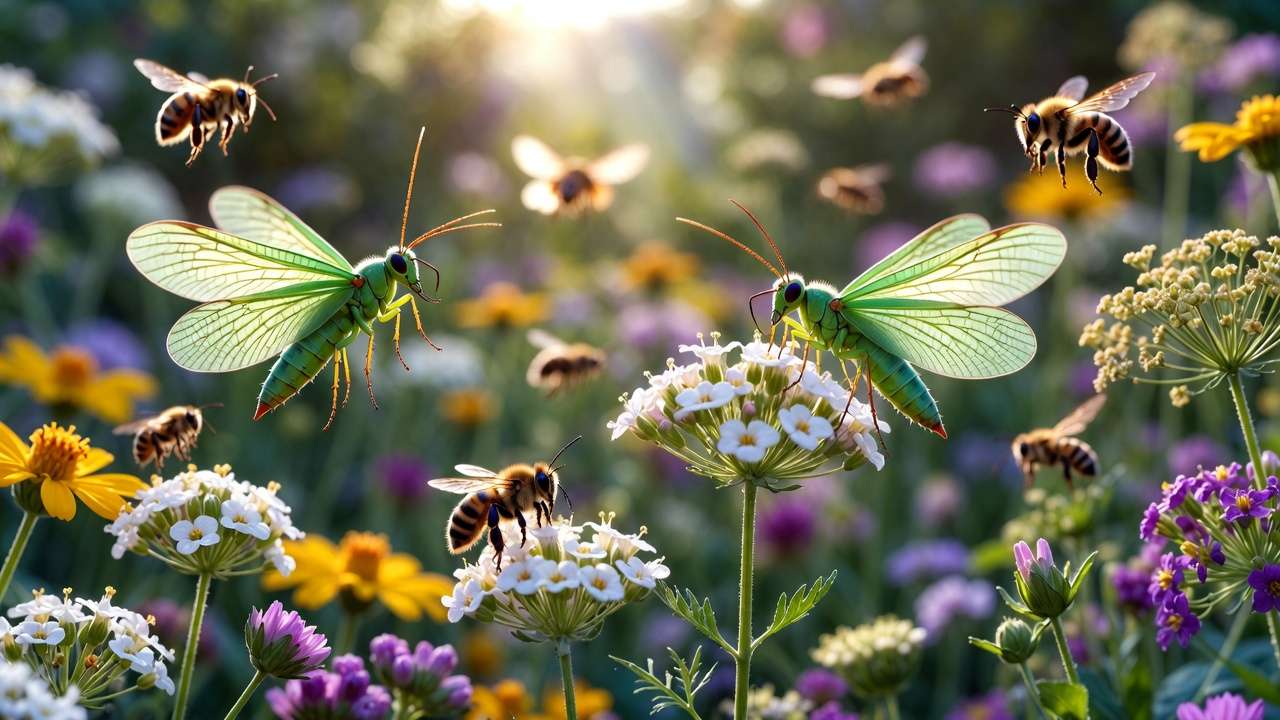 Nectar-rich flowers attracting adult green lacewings in a sustainable garden border