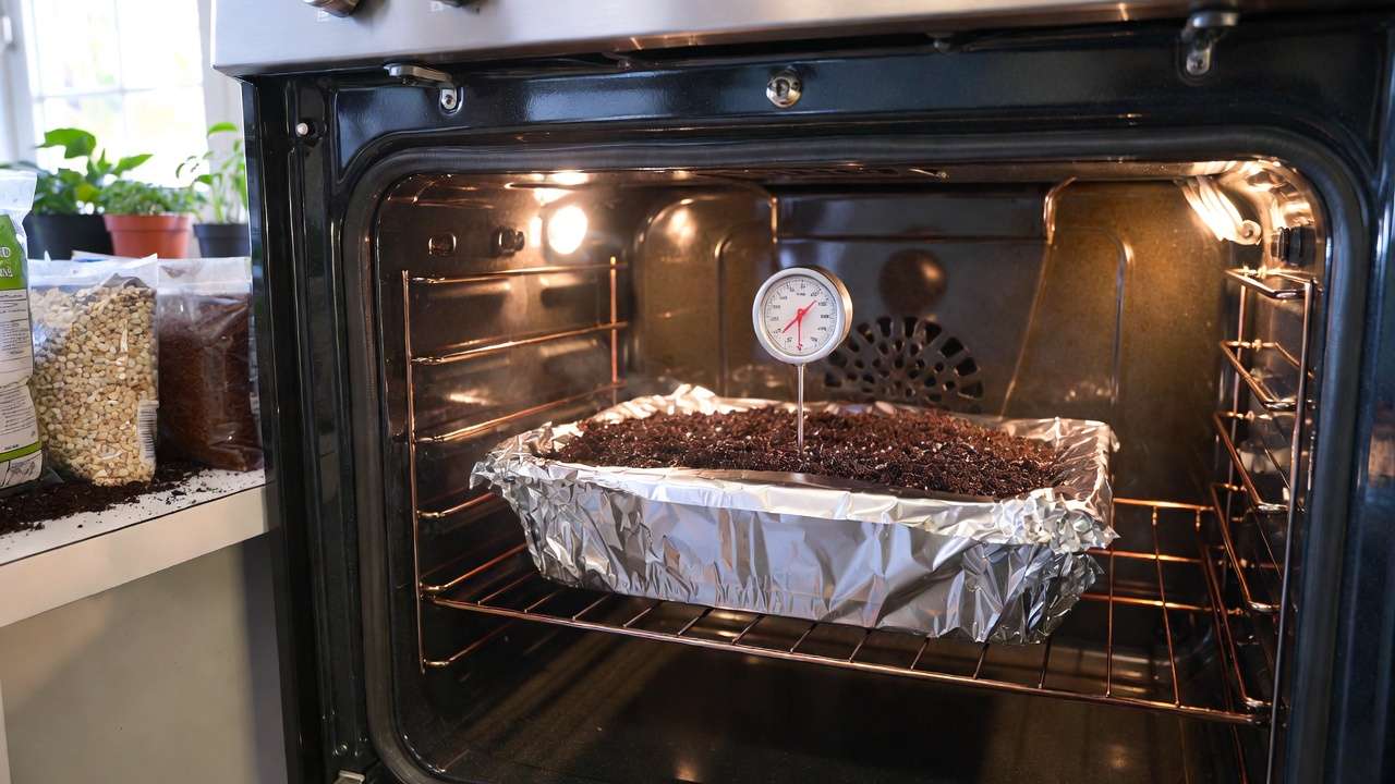 Oven baking method for sterilizing homemade potting soil with foil cover and thermometer