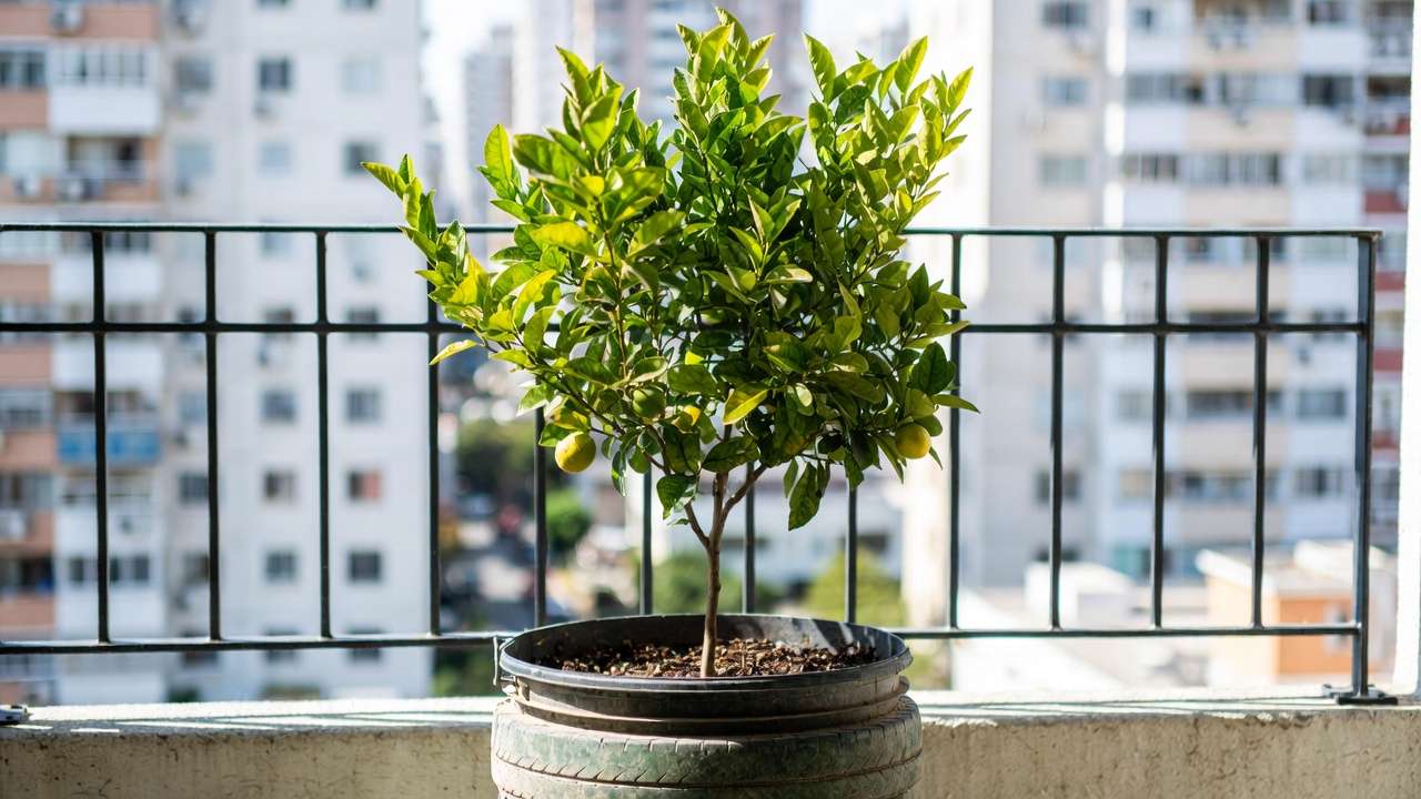 Dwarf citrus tree thriving in recycled bucket planter on city balcony