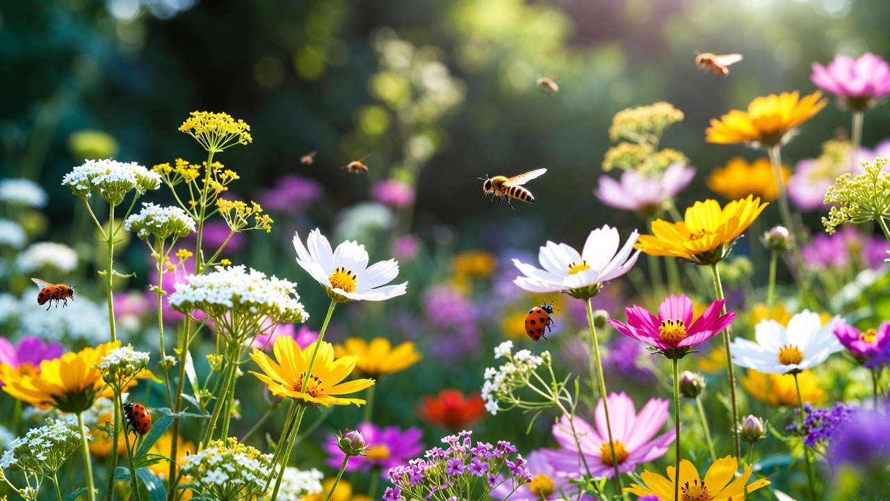 Vibrant flower border attracting beneficial insects like ladybugs and hoverflies in organic garden