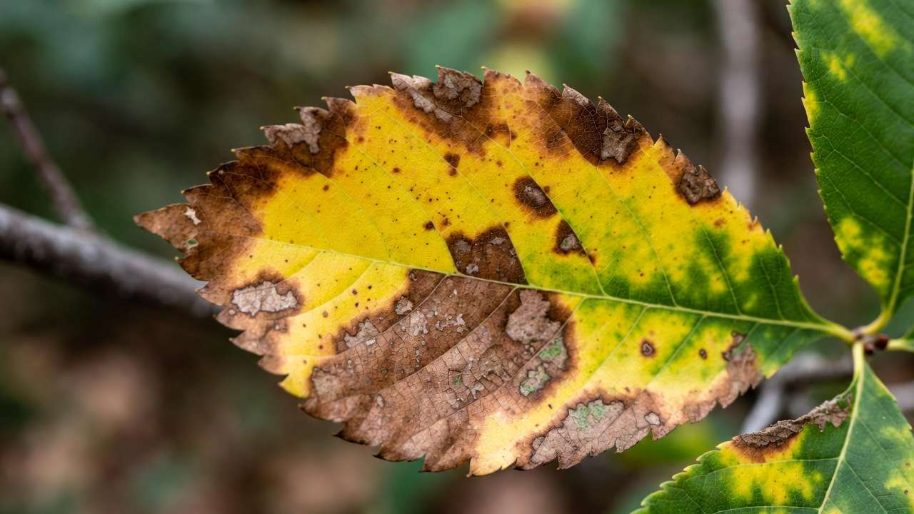 Tree leaf with potassium deficiency displaying marginal leaf scorch and browning edges