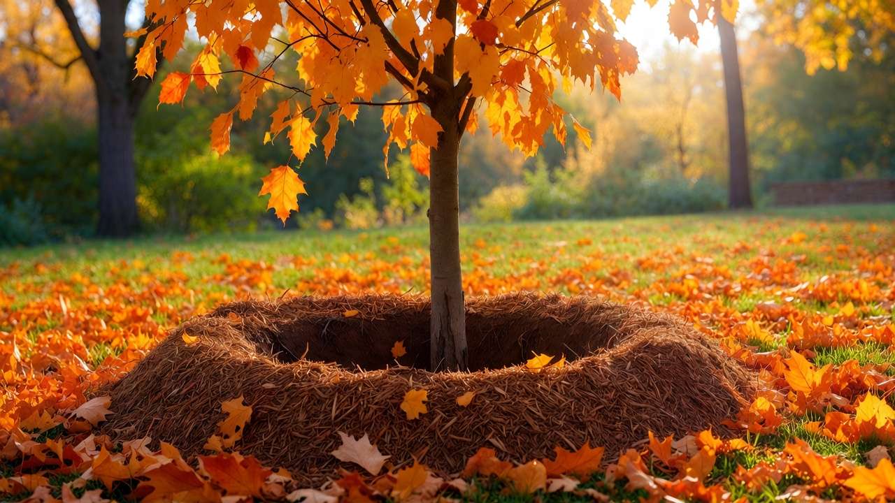 Properly mulched newly planted tree in late fall for optimal root establishment