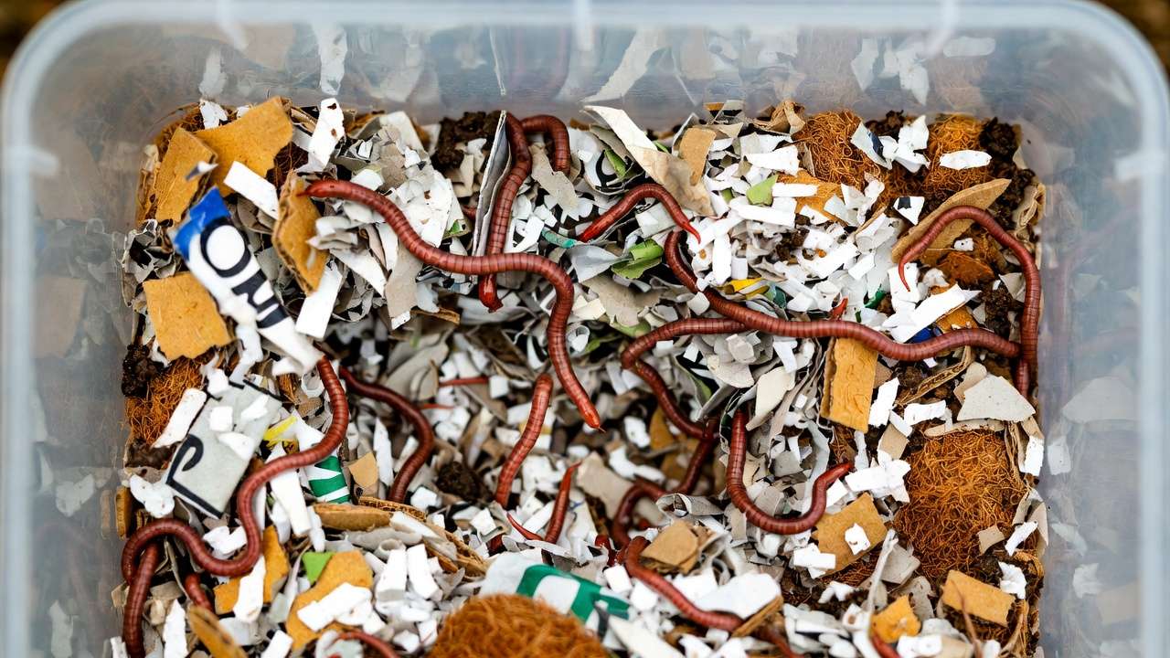 Freshly set up vermicompost bin with moist shredded bedding, coconut coir, and newly added red wiggler worms burrowing in