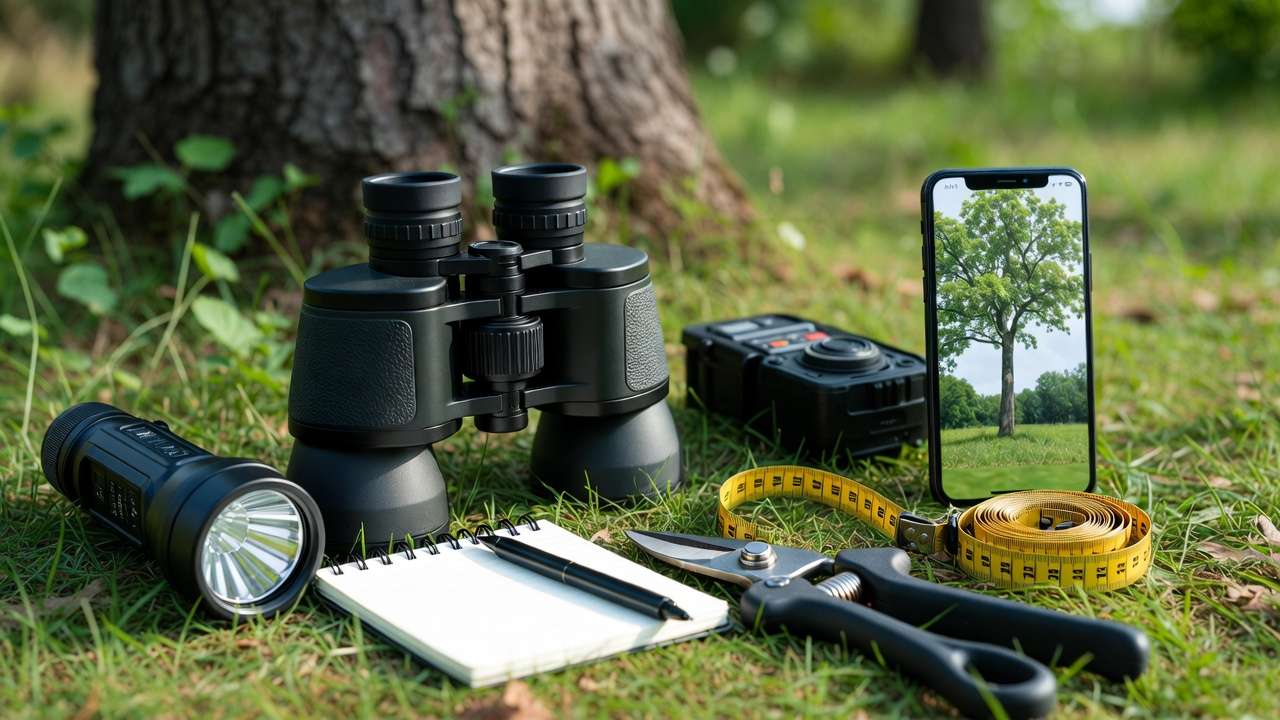 Tree inspection tools including binoculars, flashlight, measuring tape and notepad ready for annual tree health check