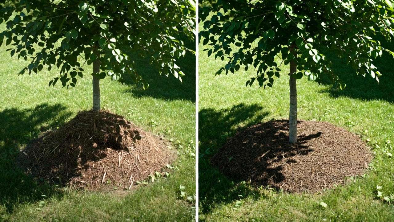 Correct vs incorrect tree mulching: proper flat ring with visible root flare vs harmful volcano mulch