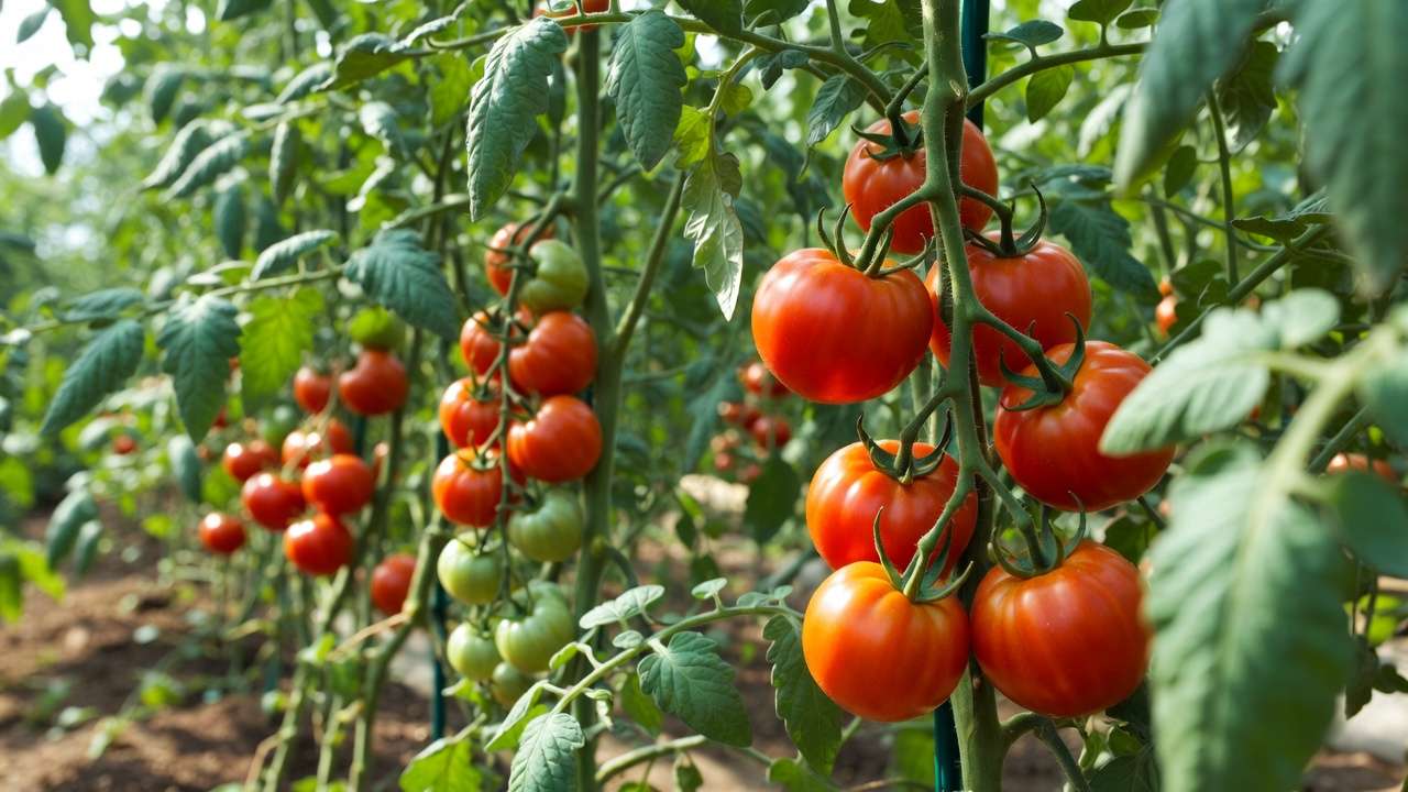 Healthy thriving tomato plants in garden bed as example of bacterial wilt prevention