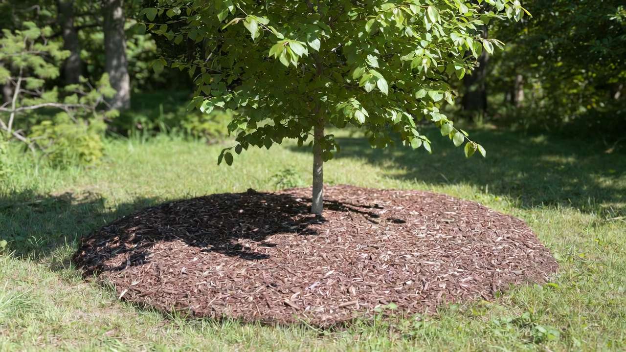 Correct mulching around tree base with wide ring avoiding trunk contact to prevent stress and cankers on tree bark.