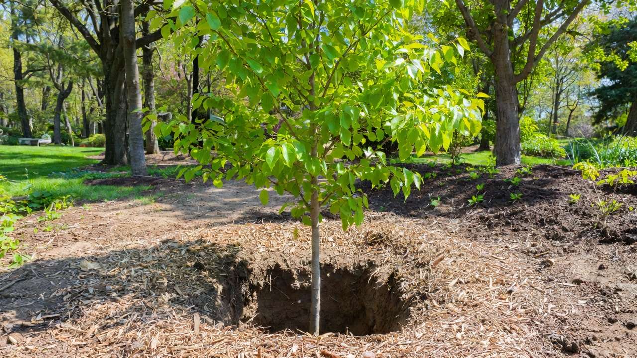 Properly planted tree showing correct root flare exposure and wide mulch ring to prevent girdling roots.