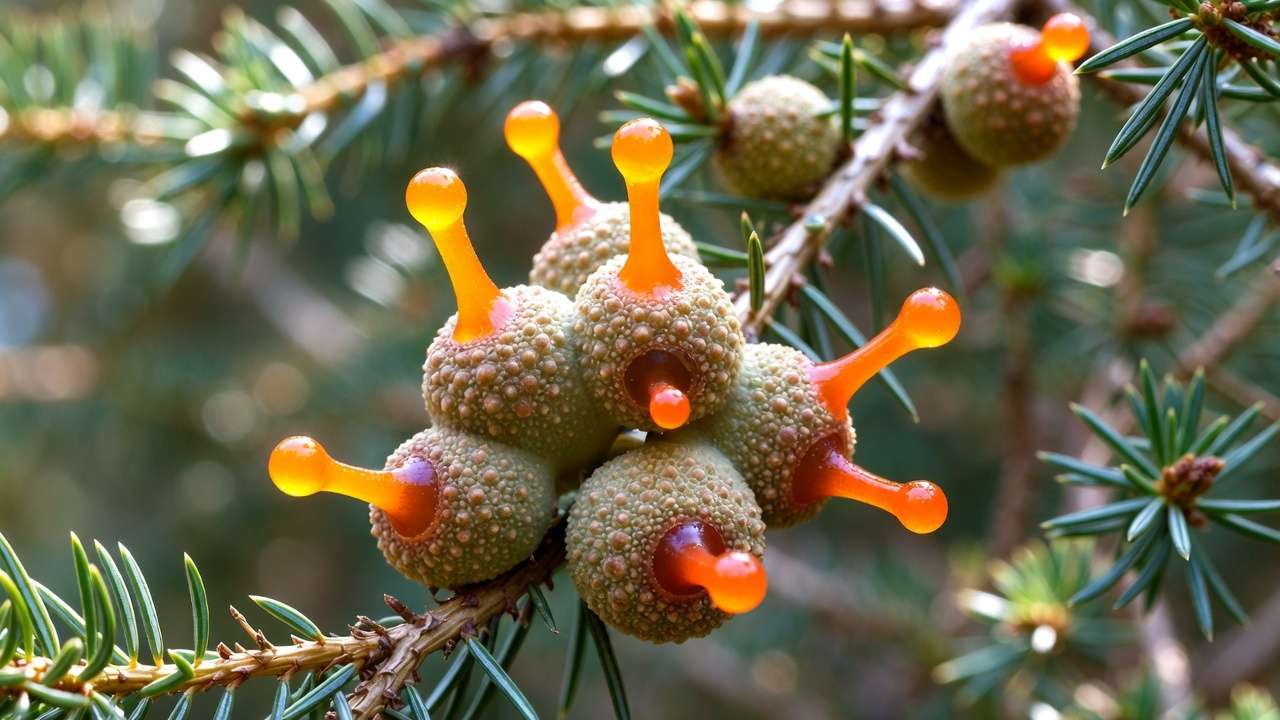 Cedar-apple rust galls with orange telial horns on juniper alternate host