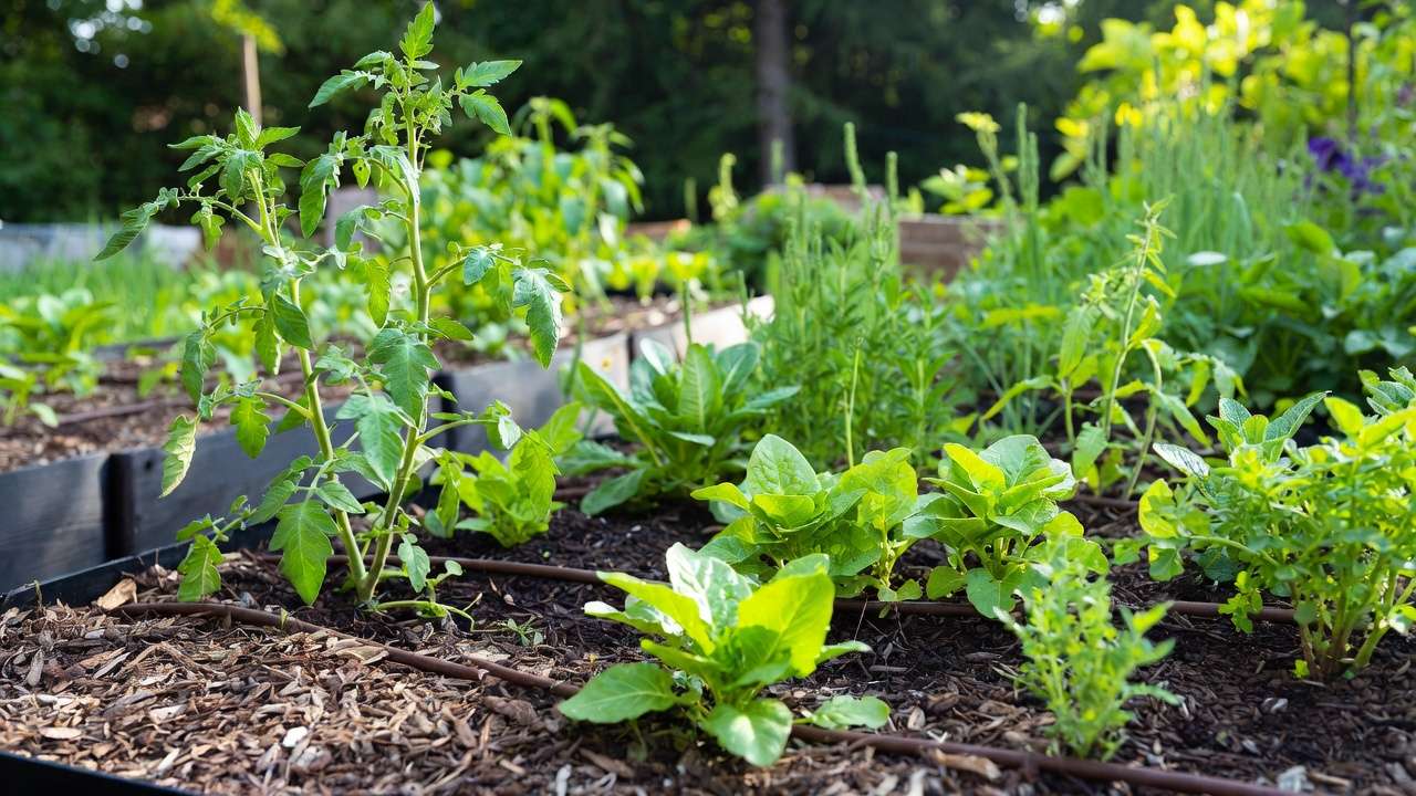 Healthy raised bed vegetable garden with mulch and drip irrigation for plant disease prevention