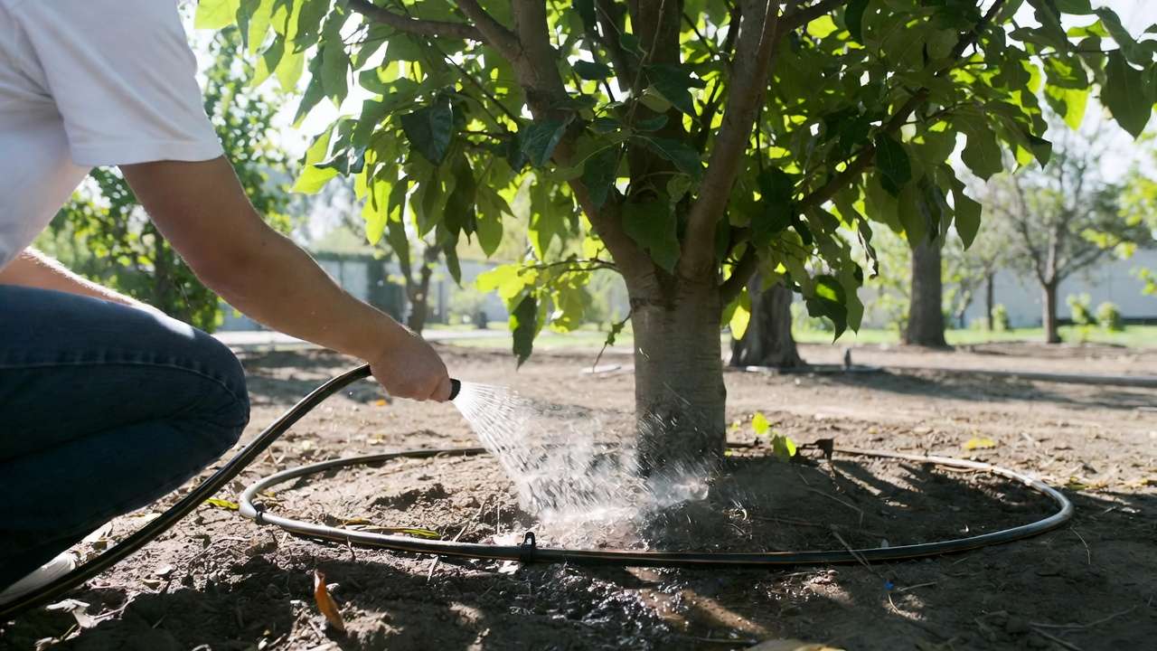 Deep watering tree with soaker hose at drip line during summer for disease prevention
