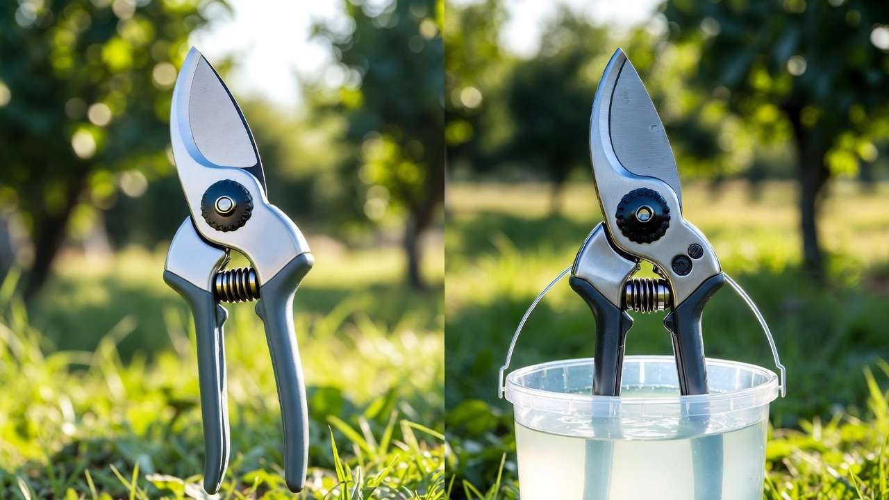 Two-tool rotation method for disinfecting pruning shears in fruit tree care