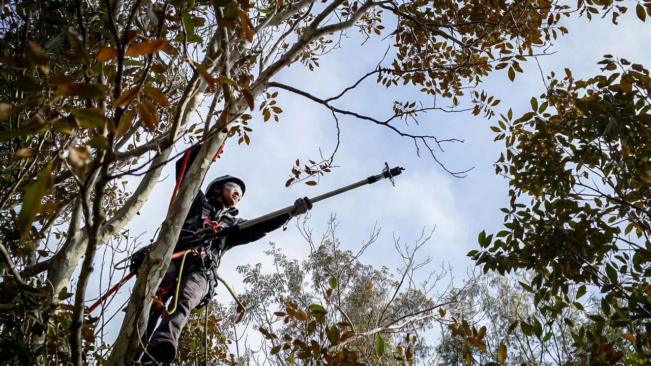 Professional arborist performing selective tree canopy thinning with pole saw for better light penetration