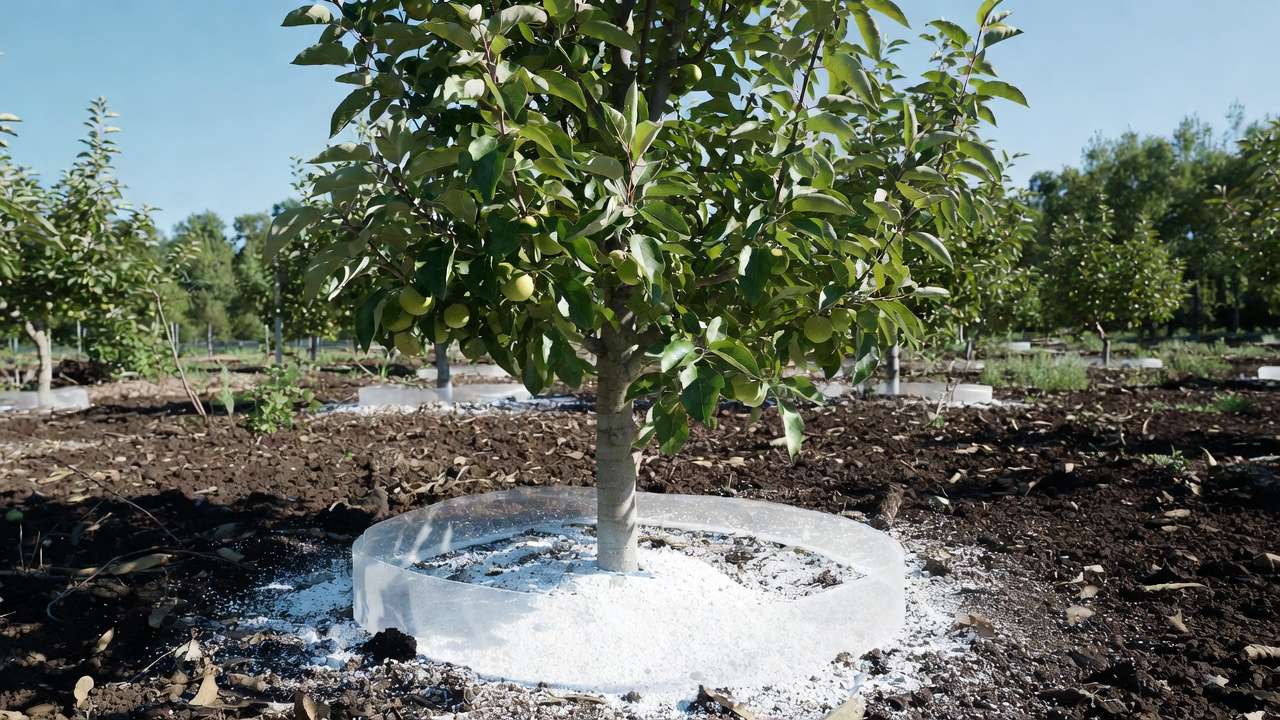 Diatomaceous earth barrier around fruit tree trunk for natural pest protection