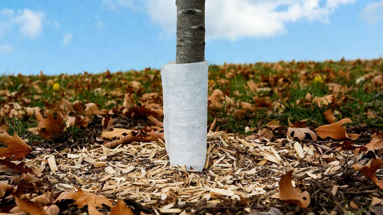 Young tree protected with trunk guard and mulch for winter in fall