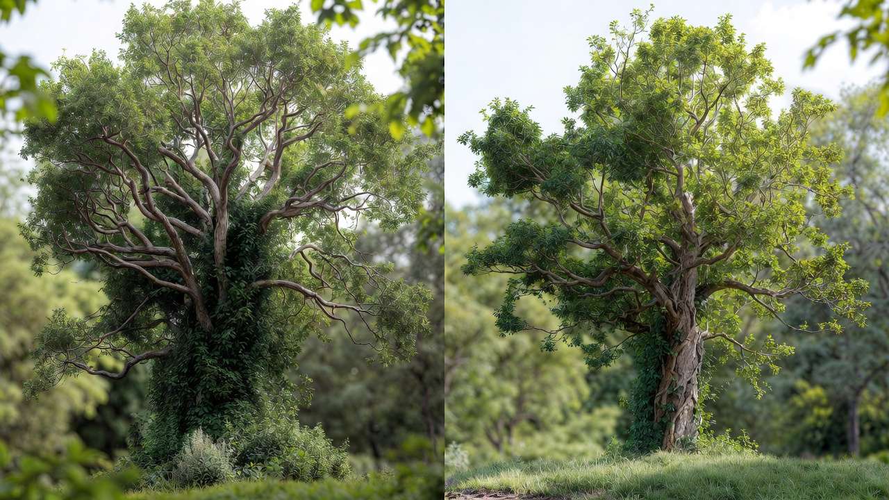 : Before and after tree pruning comparison showing improved structure for hurricane protection.