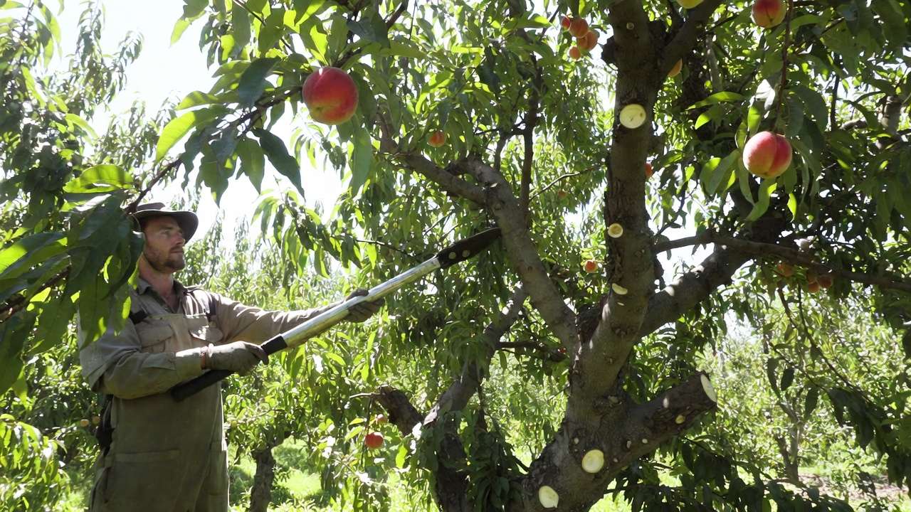 Gardener performing open vase pruning on peach tree for maximum fruit yield