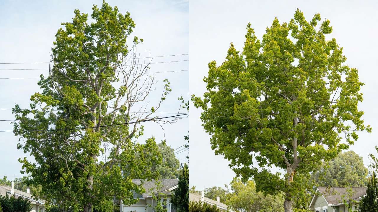 Before and after reduction pruning for balanced tree canopy structure