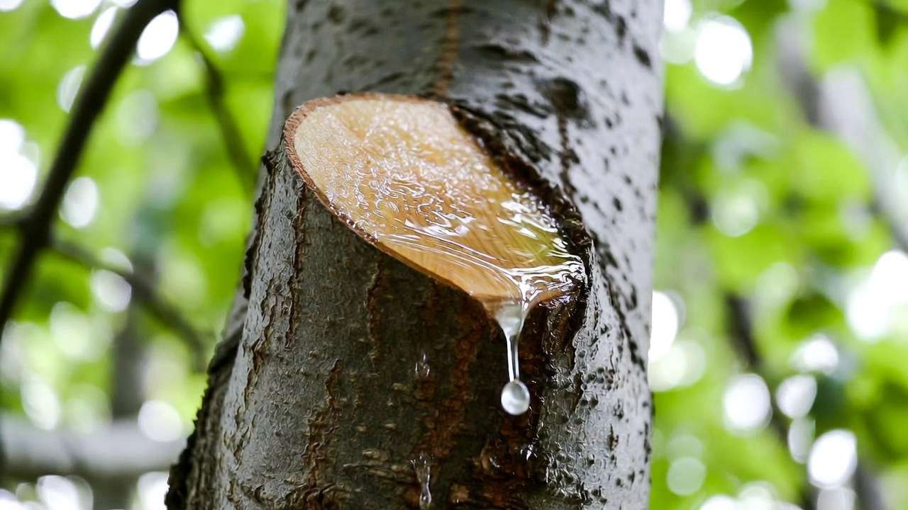 Maple tree pruning cut with sap bleeding in spring, demonstrating effects of seasonal sap flow on tree care.