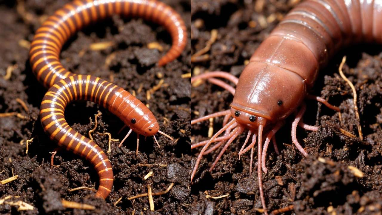 : Side-by-side comparison of red wigglers and European nightcrawlers on rich compost soil