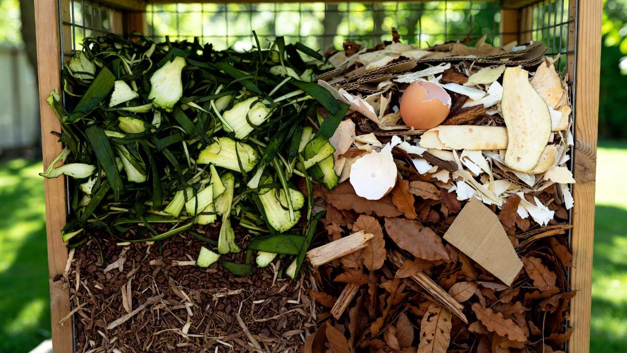 Layered home compost pile with greens and browns for making vegetable garden fertilizer.