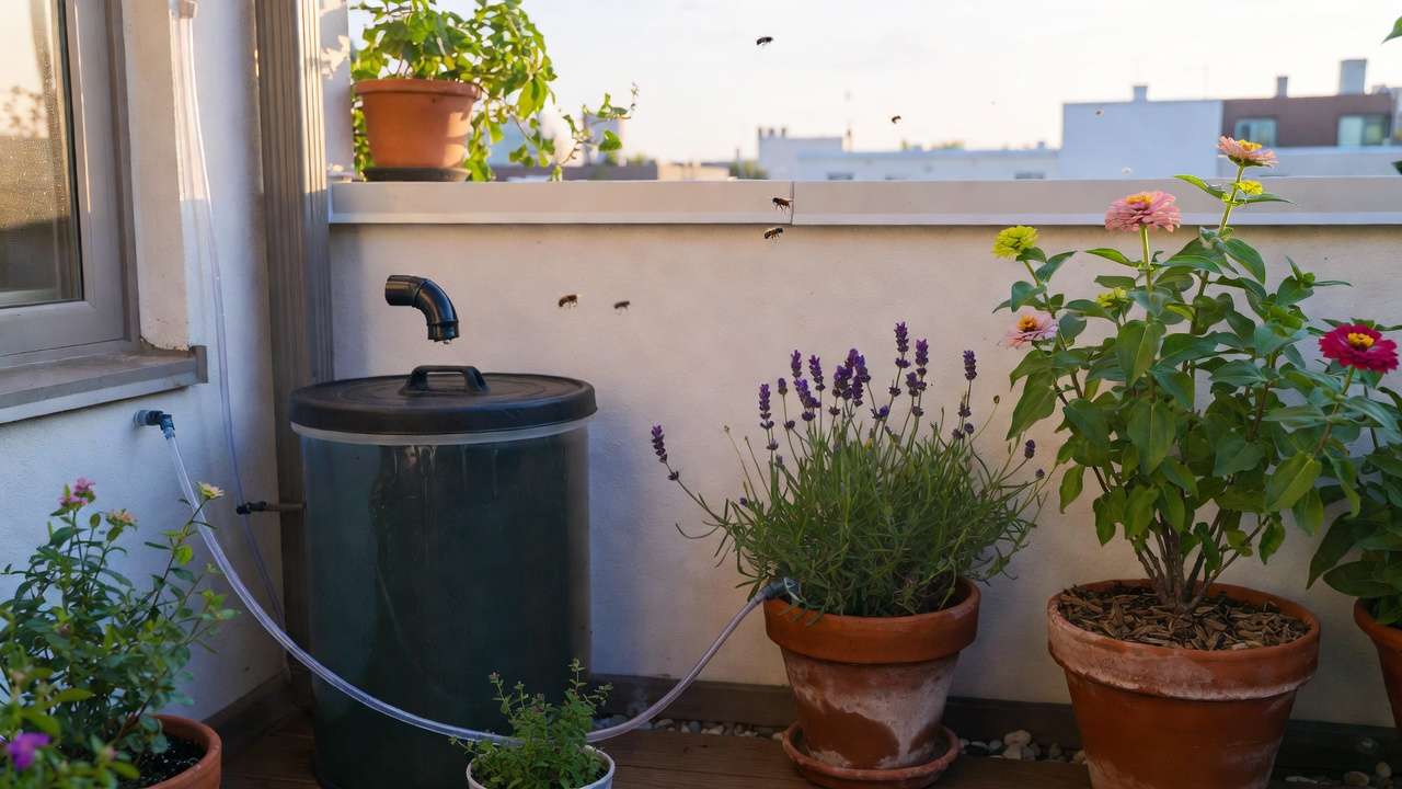 Sustainable balcony garden with rainwater barrel, drip irrigation, and pollinator-friendly flowers