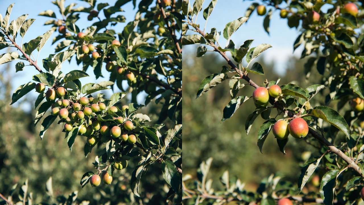Before and after pruning comparison: small crowded fruits vs large well-spaced apples from strategic pruning
