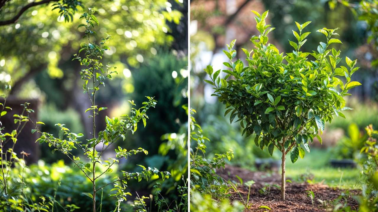Before and after training young citrus tree transformation from leggy to strong balanced structure