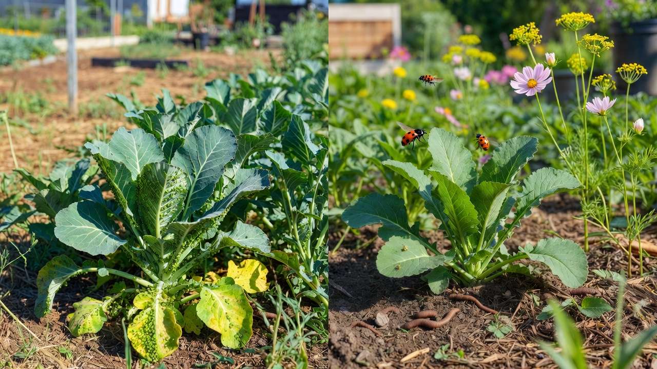 Before and after garden transformation: aphid-infested plants vs healthy bed with ladybugs and hoverflies after adding beneficial insect plants