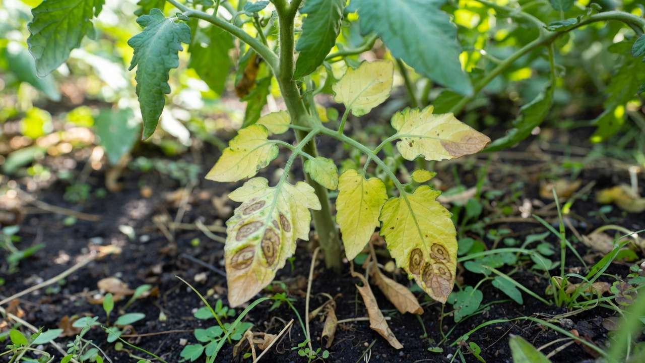 Tomato plant lower leaves yellowing with brown spots indicating possible early blight fungal disease or nutrient issue