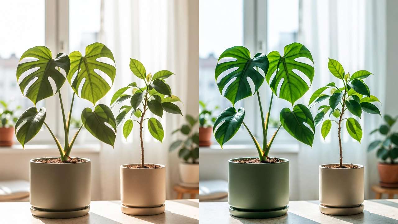 Before and after houseplants and potted tree showing dramatic improvement with healthier glossy leaves after applying worm castings