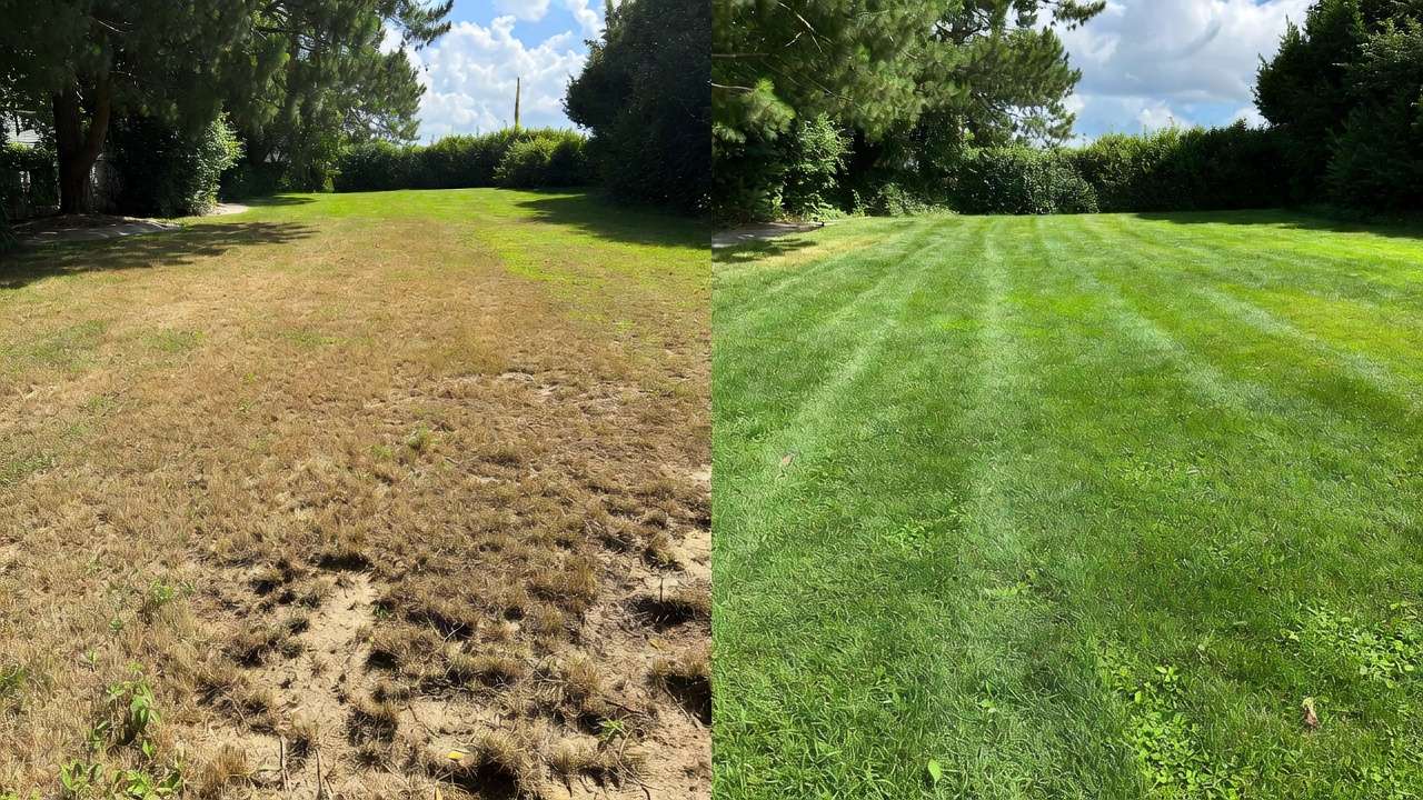 Before and after lawn recovery using beneficial nematodes against soil grubs