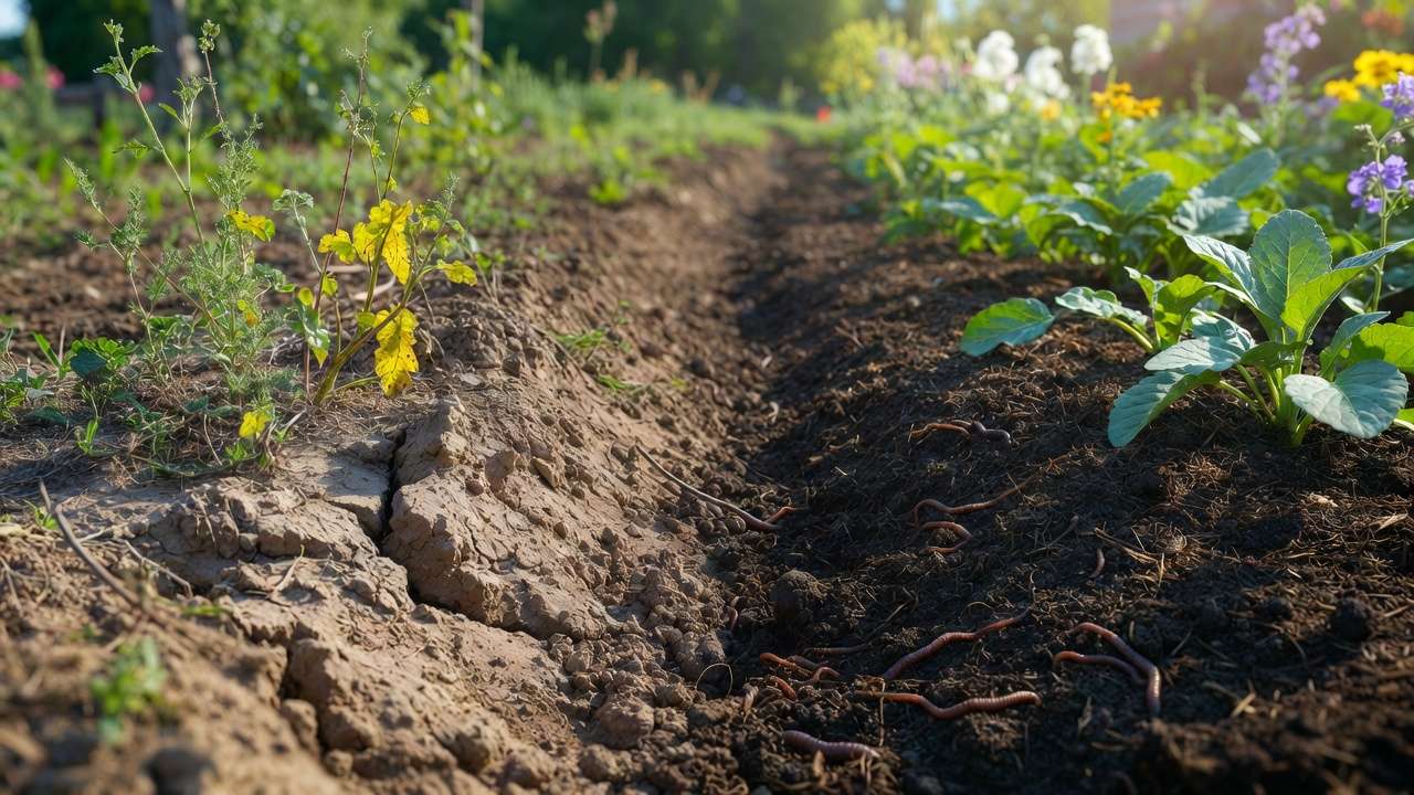 Before and after organic soil amendment: poor compacted soil vs rich fertile garden bed with thriving plants