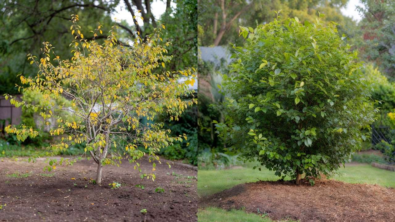 Before and after comparison of tree recovery from soil compaction showing improved health with mulch and aerated soil.