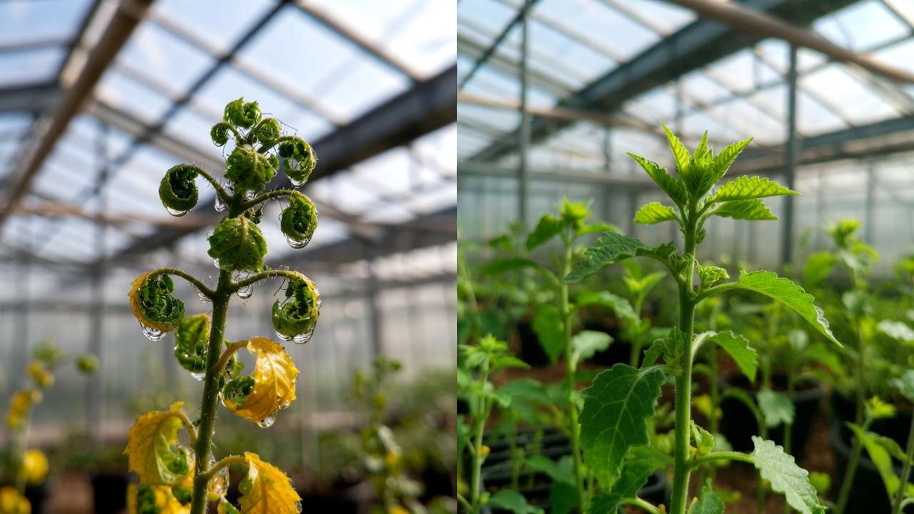 Before and after biological pest control: aphid-damaged vs healthy greenhouse plant
