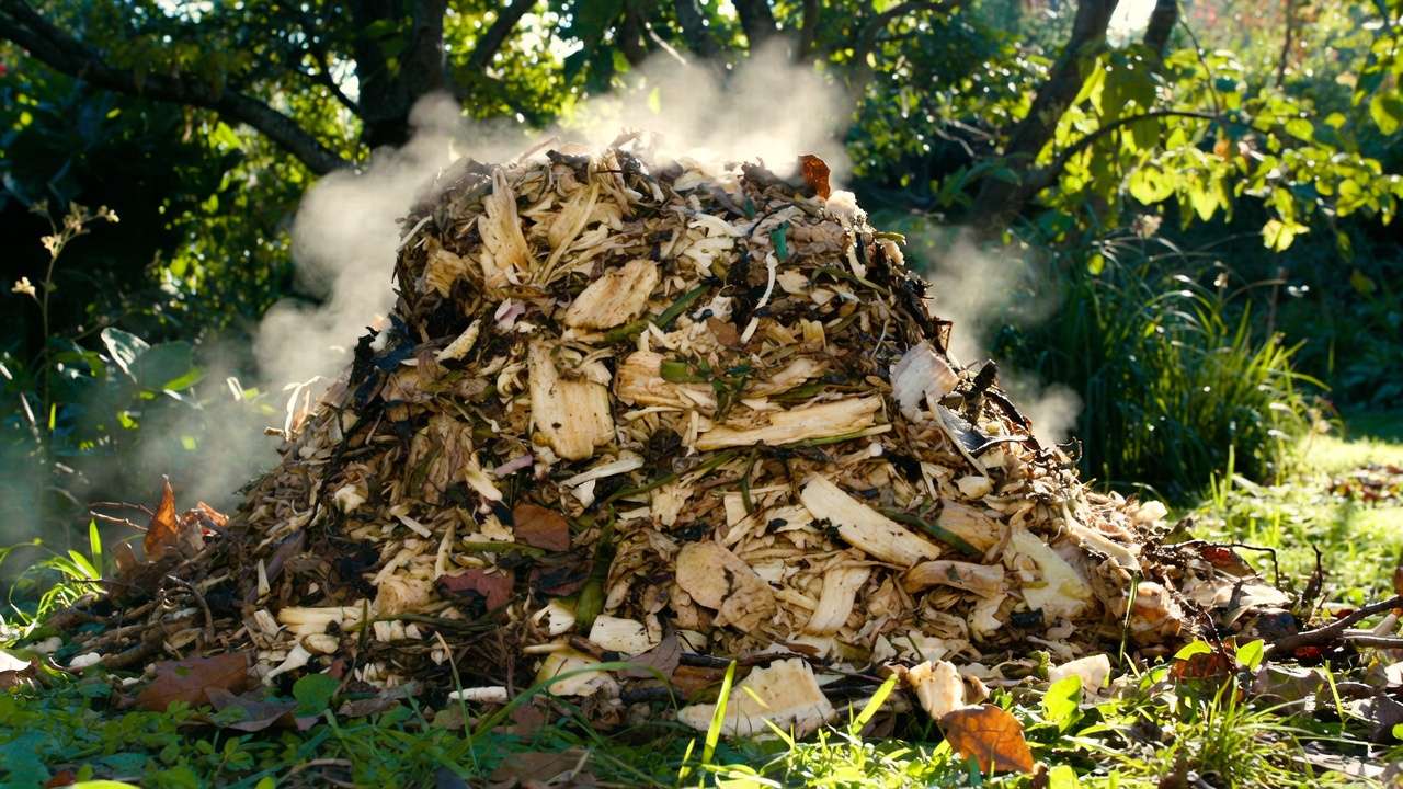 Hot compost pile actively decomposing with steam in garden setting