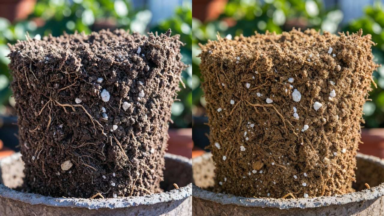 Before and after refreshing old potting soil: compacted vs aerated and amended mix