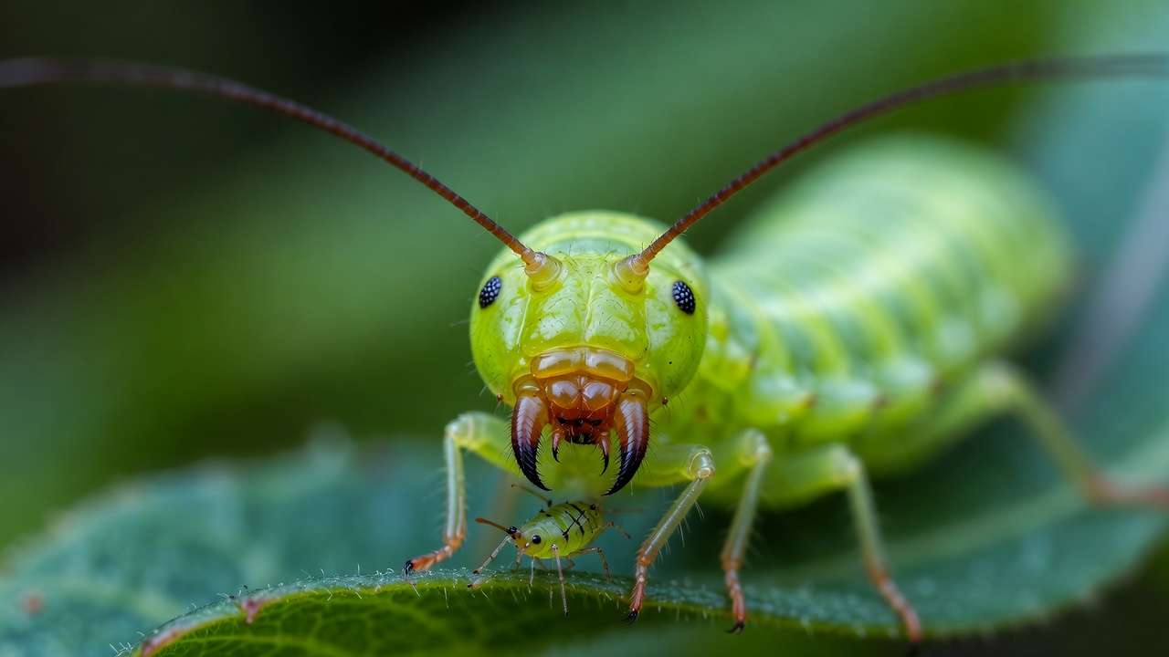 Lacewing larva aphid lion eating aphid β powerful beneficial insect predator in garde