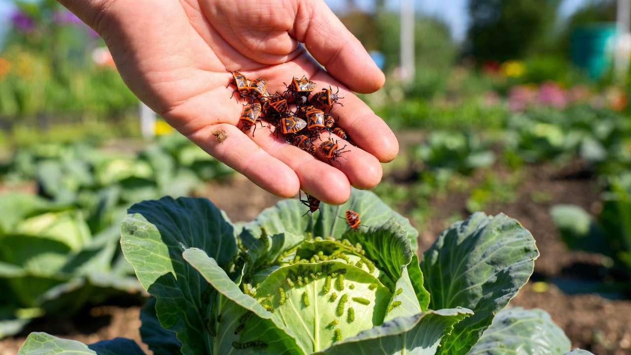 Releasing spined soldier bug nymphs onto caterpillar-infested cabbage leaves for biological control