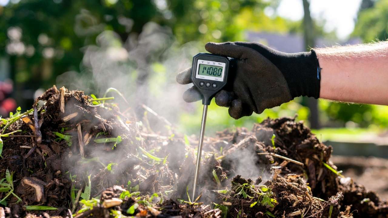 Gardener checking compost temperature with thermometer in hot pile to ensure weed seeds are killed