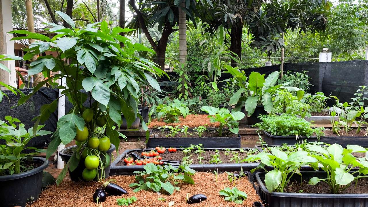 Tropical home garden with healthy plants and good cultural practices for disease prevention