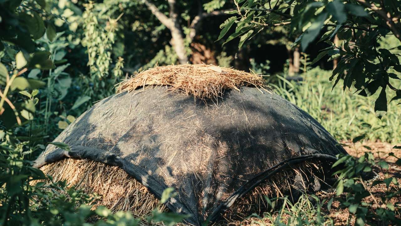 Compost pile covered with tarp and mulch to maintain ideal moisture in rainy or dry weather