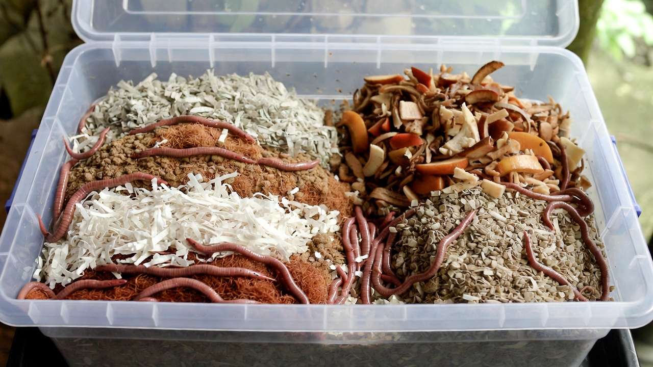 Step-by-step vermicomposting bin setup with bedding, worms and kitchen scraps for healthy soil production