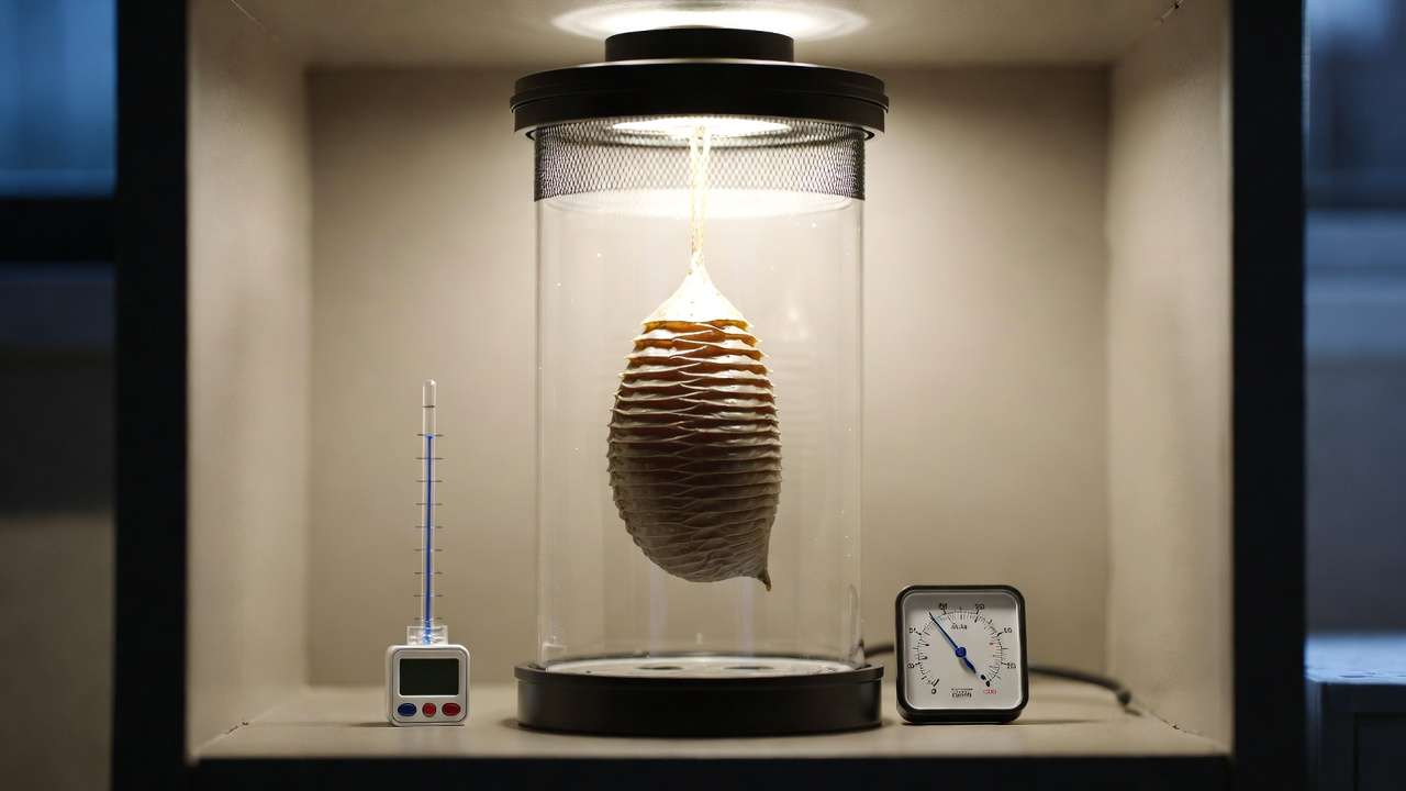 DIY praying mantis egg case incubation setup with hanging ootheca