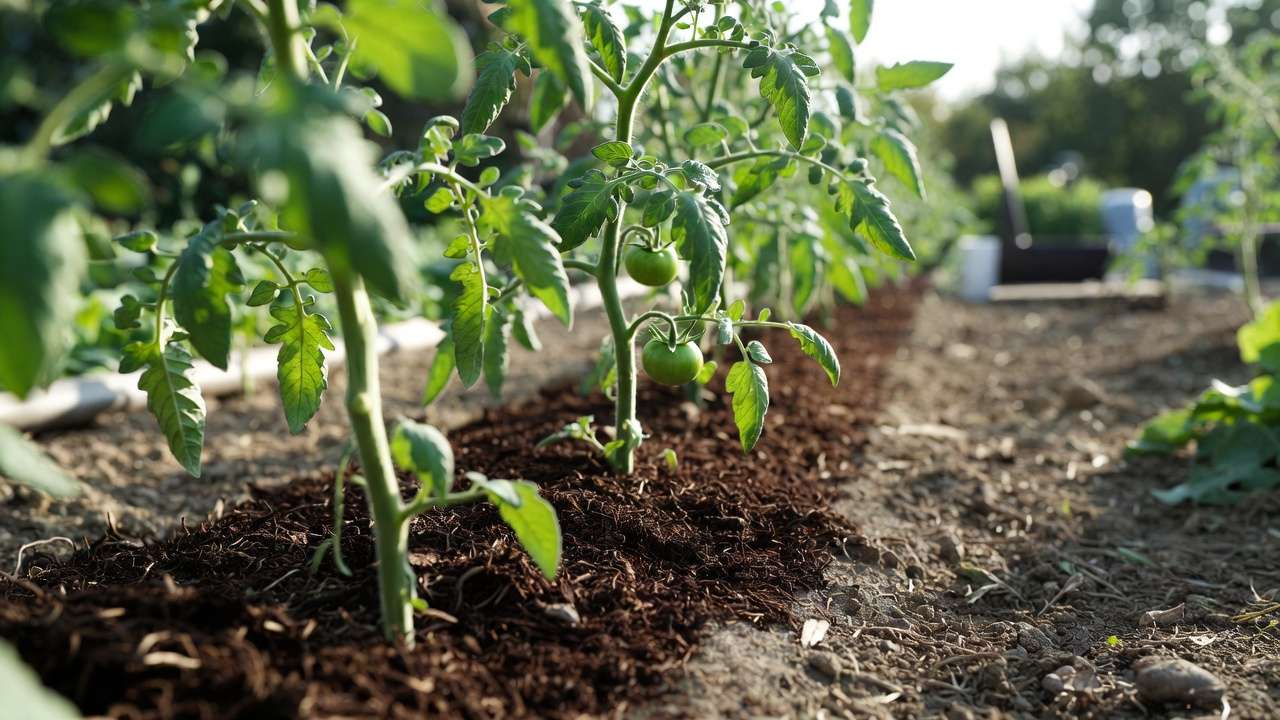Side-dressing compost around tomato plants in organic vegetable garden for mid-season boost.