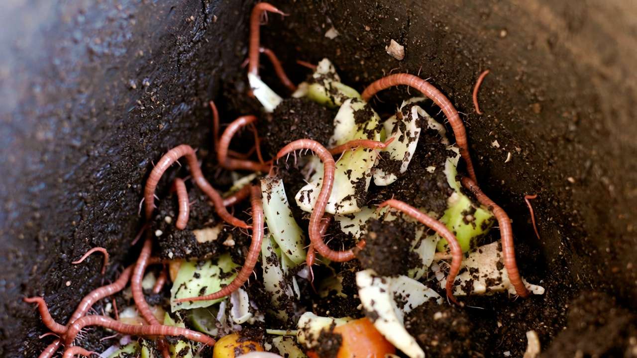 Thriving composting worms actively processing buried food scraps in a healthy bin