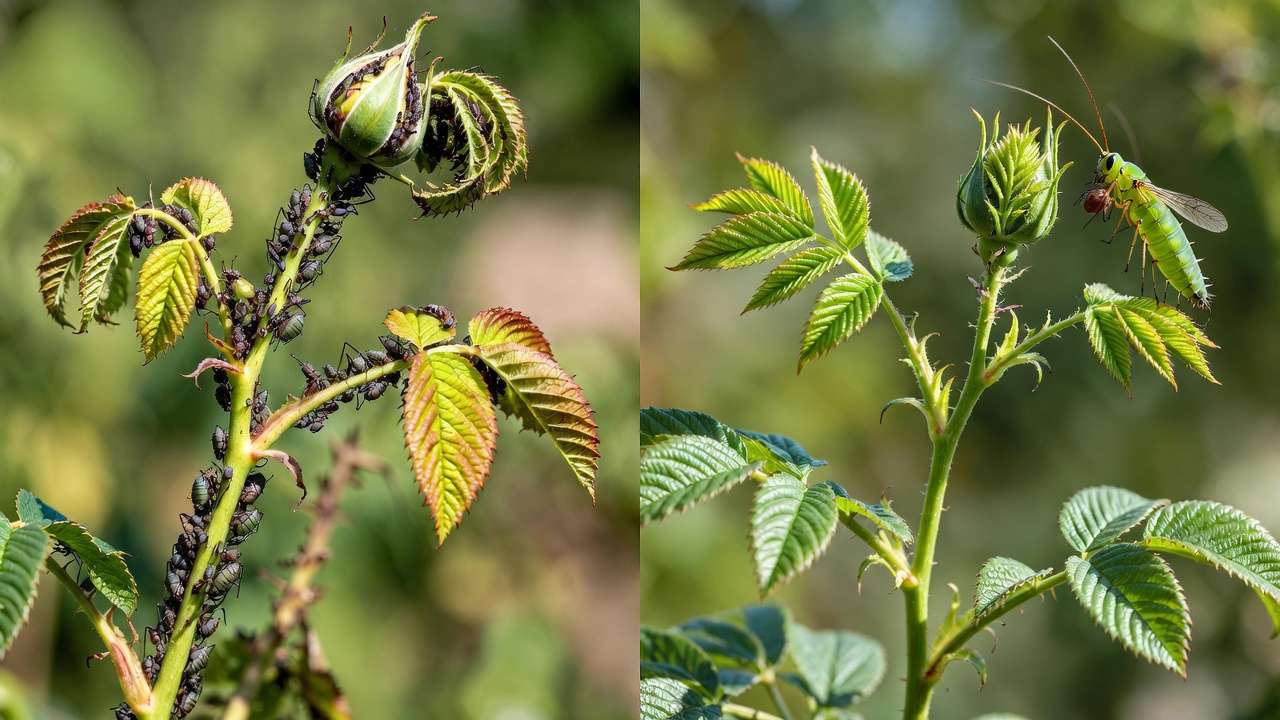 Before and after comparison: aphid-damaged rose stem vs. healthy plant after lacewing control