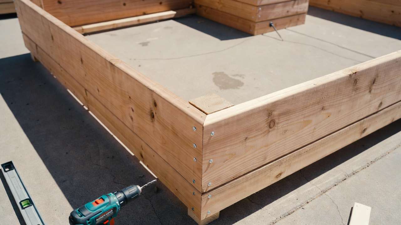 Step-by-step assembly of a simple cedar wooden raised bed on an urban patio